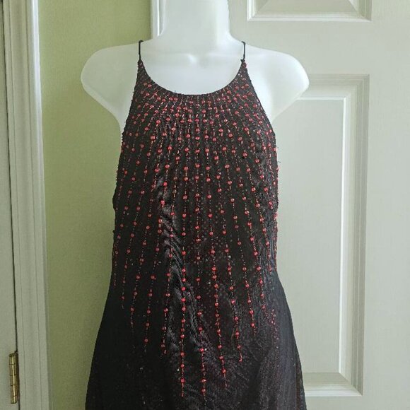 Vintage JSBoutique 90s Red & Black Beaded Criss Cross Back Maxi Formal Dress - Picture 13 of 15